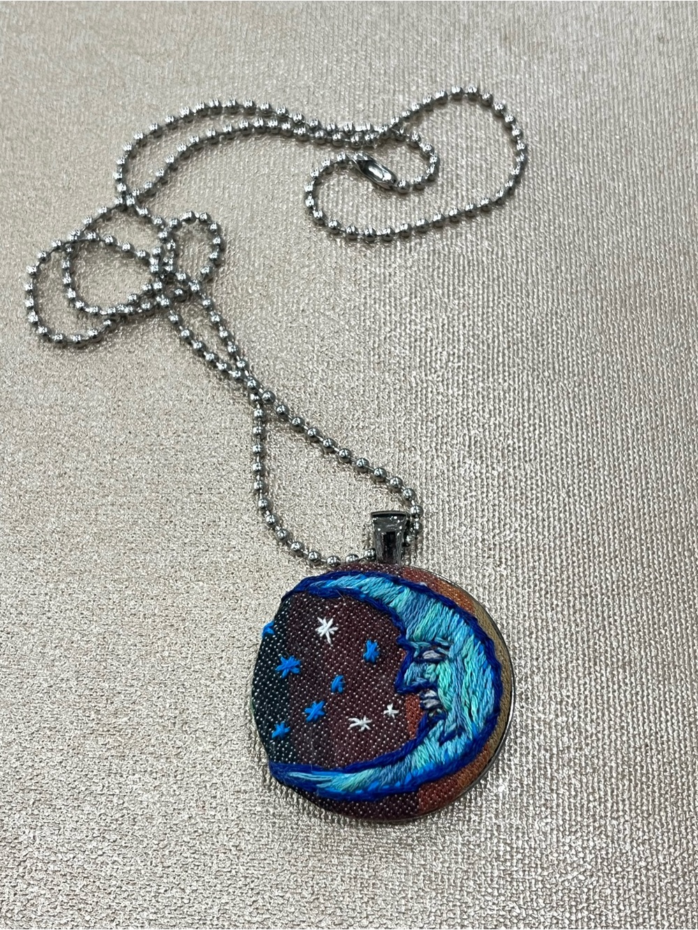 Embroidered Moon & Stars charm Pendant Necklace in Blue handmade